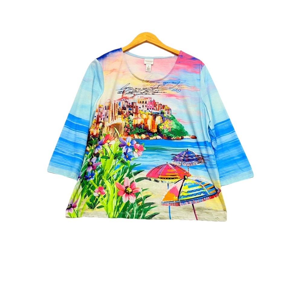 Weekends by Chico's 3/4 Sleeve Rhinestone Beach Vacation Wearable Art Size 2